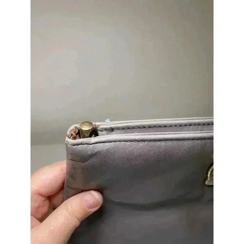 Vintage Ruth Saltz 70s Gray Leather Clutch Bag Silver Tone Lion Emblem No Strap